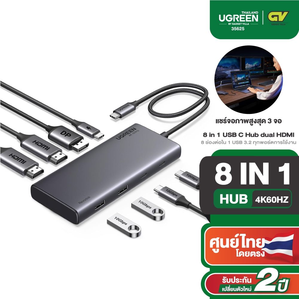 UGREEN รุ่น CM639 USB Hub Type C 8in1 4K60hZ Hdmi x2 DP, VGA x1 PD100w USB3.2 ทุก port โอนถ่ายข้อมูล 10Gbps