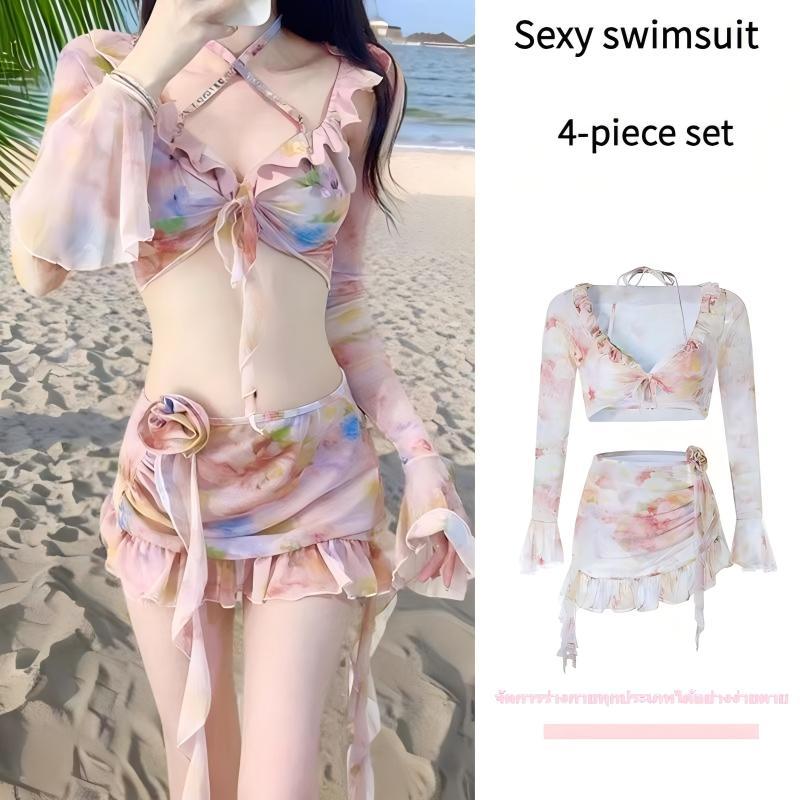 Swift Bra ชุดว่ายน้ำแฟชั่นสไตล์เกาหลี ชุดว่ายน้ำผู้หญิง set bikini ชุดว่ายน้ําลายดอกไม้ผูกคอ 4 ชิ้น