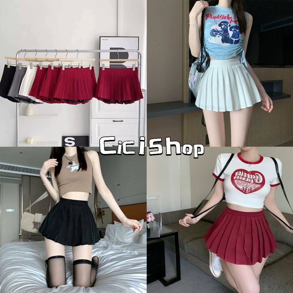 Cicishop (2310-1) กระโปรงเทสนิส สีพื้น มีกางเกงซับ ซิปข้าง น่ารัก สาวหวานสไตล์เกา