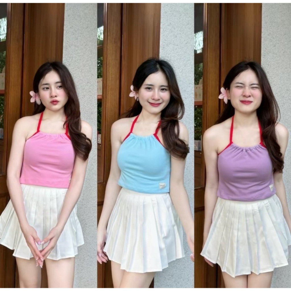 CHALYN  Candy (แคนดี้) LM02 เสื้อคล้องคอแบบผูก ตกแต่งกุ๊นขอบผ้าสีแดง น่ารัก ผ้ายืดใส่สบาย สีน่ารักมา