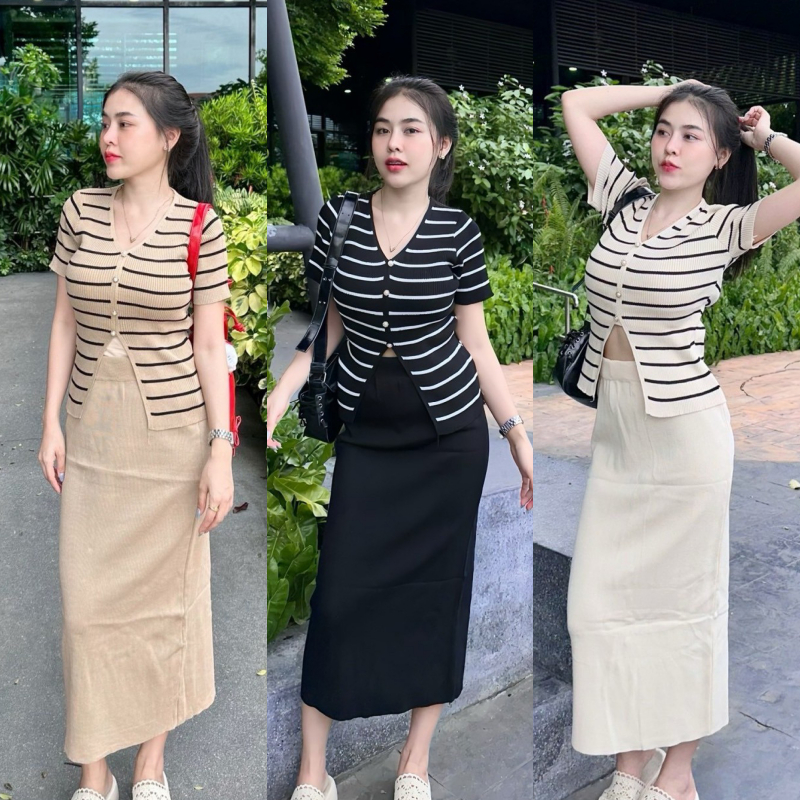 🌈SpinnyHouse🌈ชุดเซ็ตไหมพรม 2 ชิ้น เสื้อคอวีแขนสั้น+กระโปรงยาวสีพื้น ยืดเยอะมาก 💗 ทรงสวย สาวอวบใส่ได้ รุ่น พรรษา