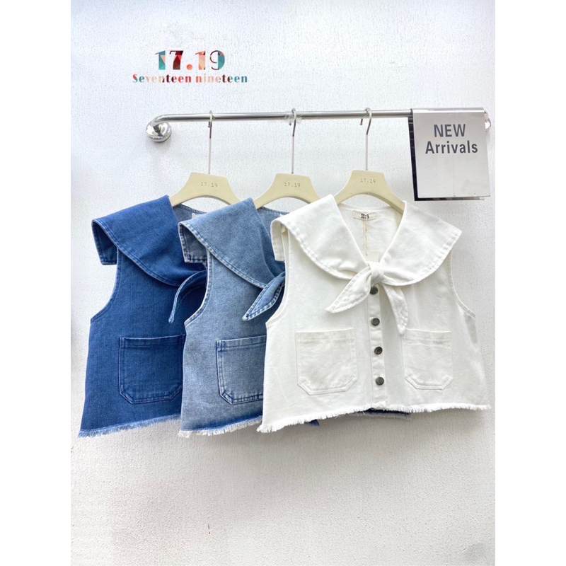 Sailor crop denim เสื้อครอปยีนส์ ผูกโบว์ ปกทหารเรือ(ร้านออกแบบเองนะค่ะ)