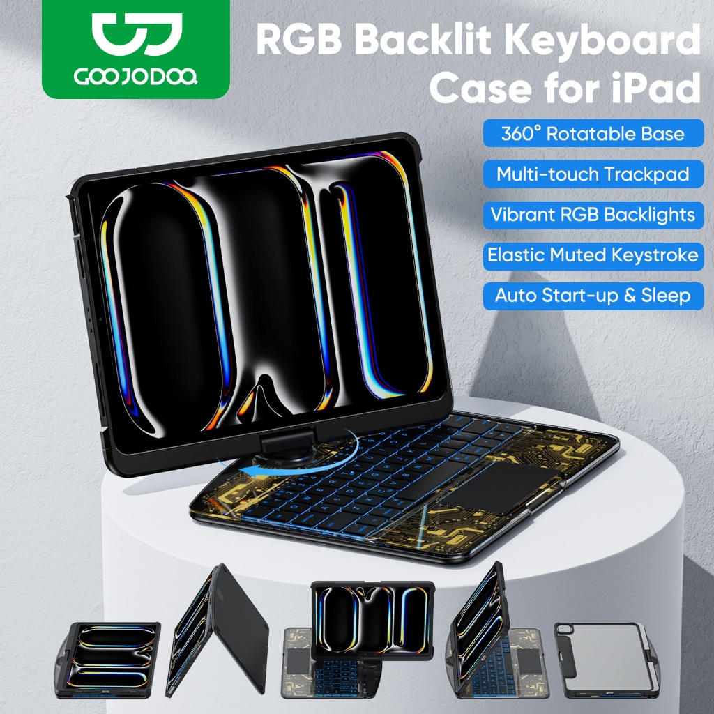 GOOJODOQ 360° Rotatable Wireless Bluetooth Keyboard Pencil Slot RGB Backlights Protective Cover