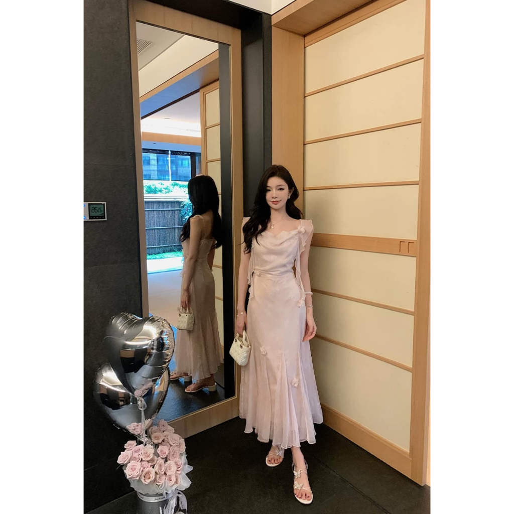 Mogwany พรี Katie Flora Dress เดรสยาวชมพู แต่งดอกไม้ สวยมาก ใส่เที่ยว,ใส่ออกงาน ได้ค่า