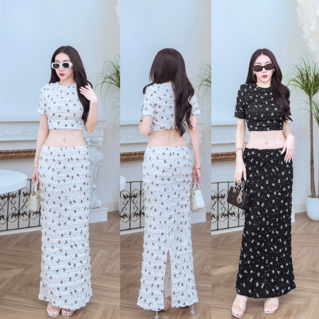 J1070 JiraClothing เซทเสื้อครอปแขนสั้นลายโบว์กับกระโปรงยาว