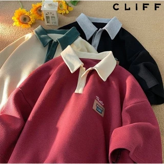 CLIFF -COD✅เสื้อโปโลผู้ชาย ปกเสื้อสีผสม เรียบง่าย แมทช์ลุคง่าย ชุดคู่รัก แขนสั้นสำหรับผู้หญิง วาฟเฟิล