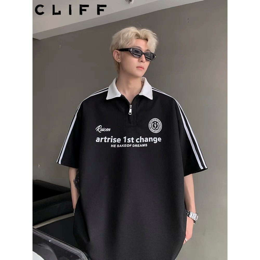 CLIFF เสื้อโปโลผู้ชาย ซิปคอเสื้อ แขนเสื้อ ชุดคู่รัก แขนสั้นสำหรับผู้หญิง เสื้อแบบบาง แบบหลวม - รูปที่ 5