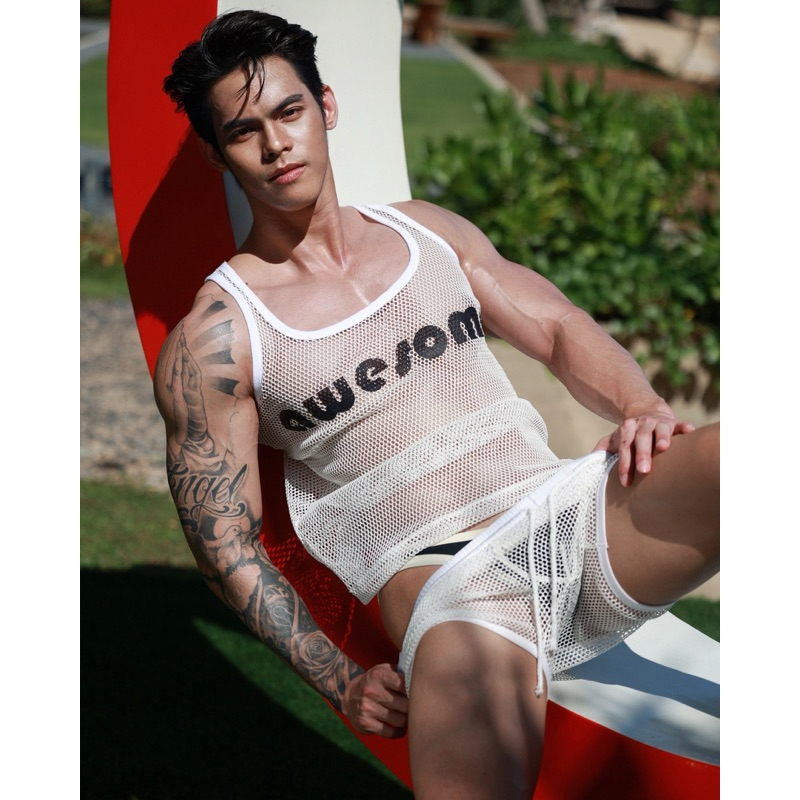 PV39 เสื้อกล้ามตาข่าย กุ้นคอเเขน โลโก้   Awesome sport