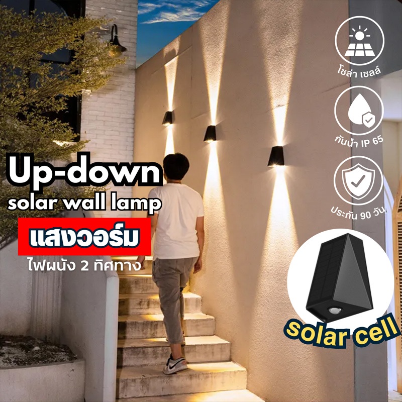 GYlight โคมไฟติดผนัง โซล่าเซลล์ LED Solar wall lamp แสงเหลือง Warmwhite