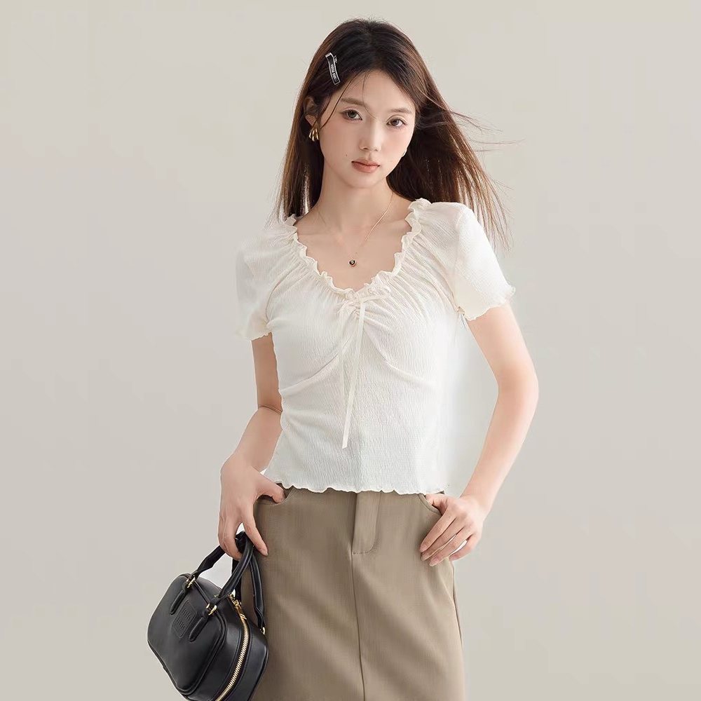 เสื้อยืดผู้หญิง เชือกรูด สีพื้น สไตล์ลำลอง