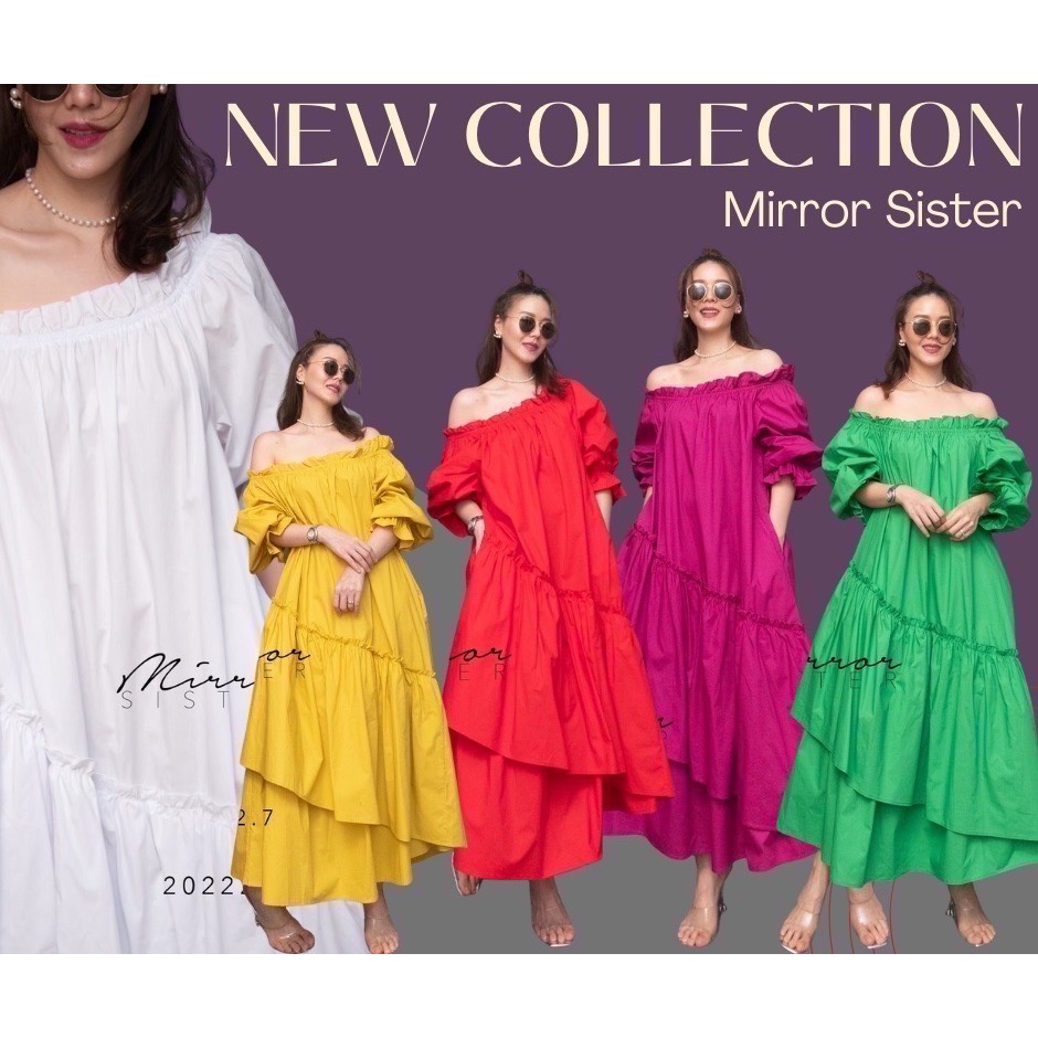 Mirrorsister 20222.7 เดรสปาดไหล่ ดีไซน์เก๋ไก๋โดดเด่น แต่งคอระบายจับจีบไล่ระดับ ทรงหลวมๆใส่ง่าย มีกระเป๋าล้วงได้2ข้าง