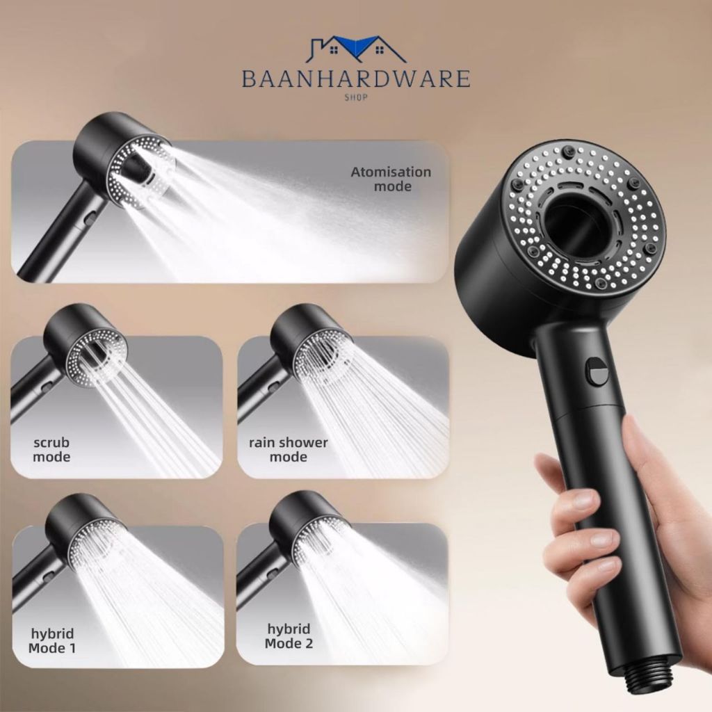 BAANHARDWAREฝักบัวแรงดันสูง ปรับได้ 5 โหมด มีไส้กรองในตัว น้ำแรงและนุ่ม ชุดฝักบัว 4 in 1 มี มอก MA-F-038