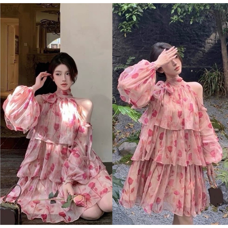 sirin studioเดรสกุหลาบผูกคอโบว์B96