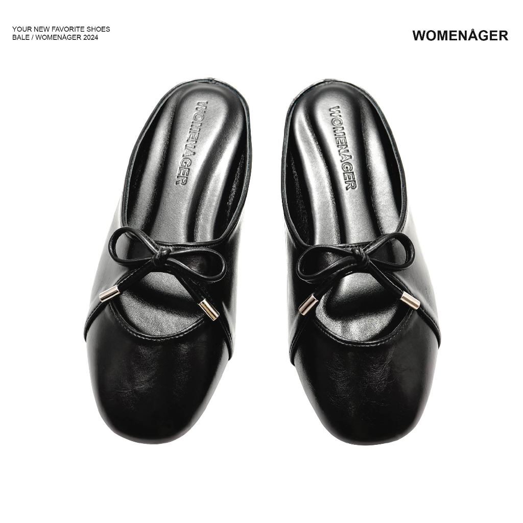 womenager - Bale Black leather รองเท้าแตะคัทชูเปิดส้น สวมใส่ง่าย