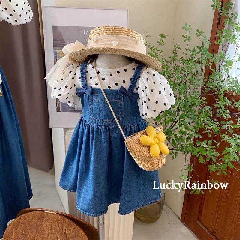 Lucky Rainbow กระโปรงเอี๊ยมยีนส์น่ารักสำหรับเด็กผู้หญิง+เสื้อแขนสั้น 1-7 ปี
