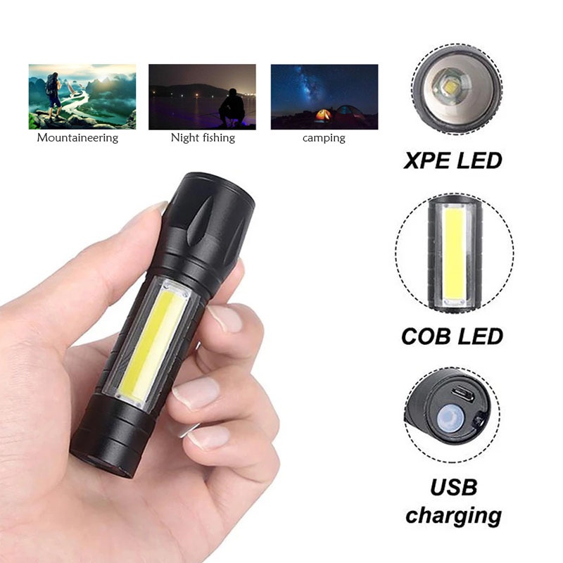 ไฟฉายพกพา ไฟฉายแรงสูง COB ไฟฉุกเฉิน flashlight ไฟฉายซูมได้ แถมสายชาร์จและกล่องเก็บ ไฟฉายขนาดเล็ก
