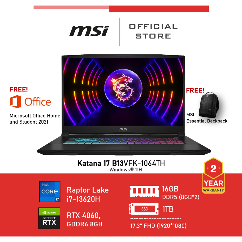 MSI Katana 17 B13VFK-1064TH (17.3" FHD, RTX 4060, DDR5 8GB*2) Notebook, Laptop