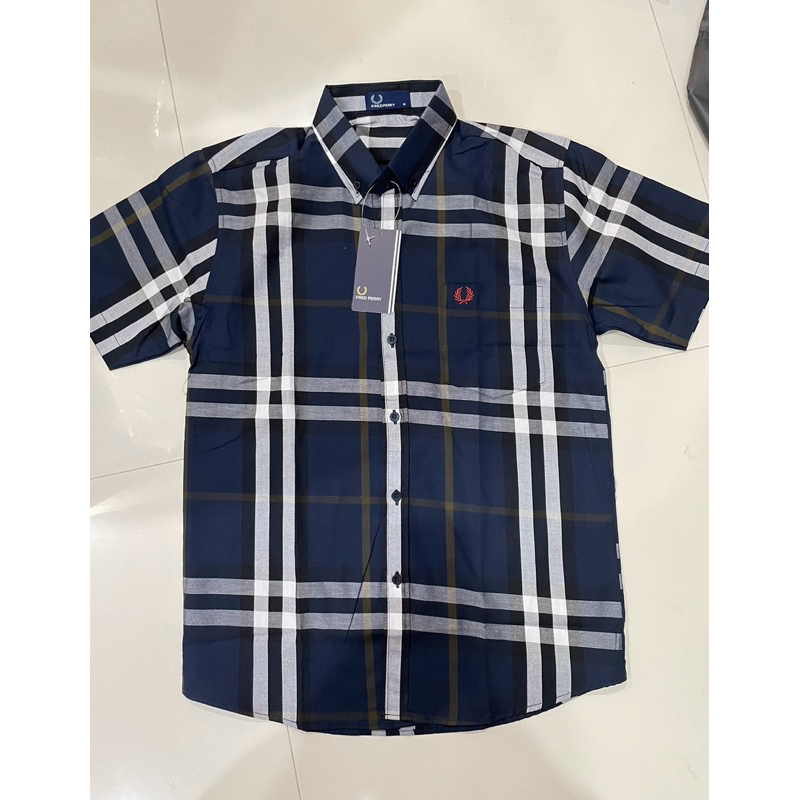 fredperryเสื้อเชิ้ตผู้ชายแขนสั้นสีกรมผ้าcotton100