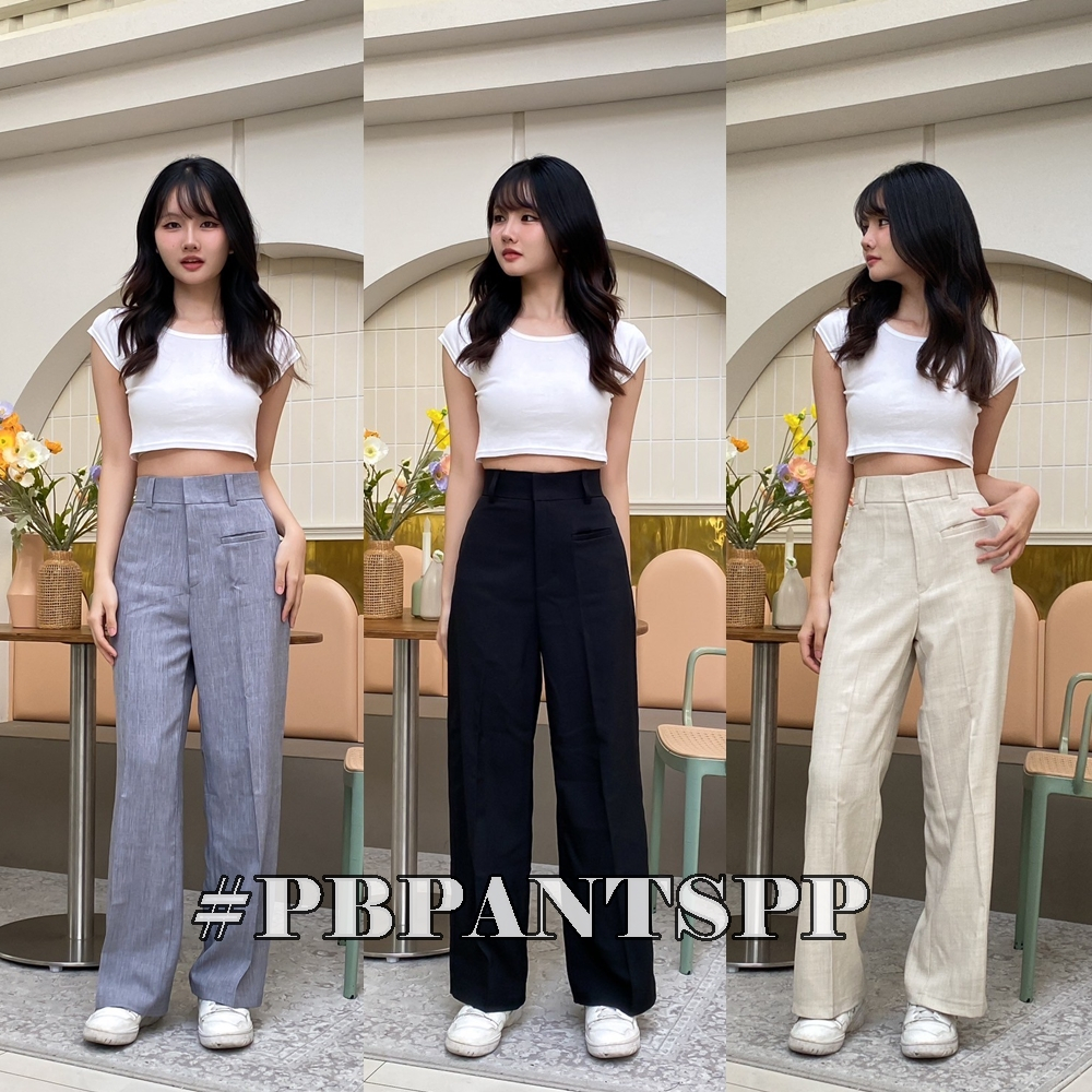Pbpants กางเกงขากระบอกกลางเอวสูง ทรงเบสิกผ้าสโนว์ เจาะกระเป๋า