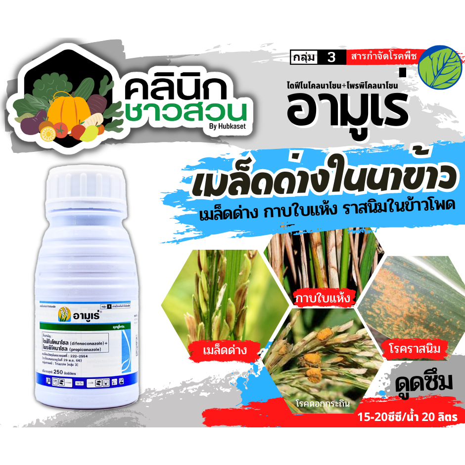อามูเร่ (ไดฟีโนโคลนาโซล+โพรพิโคนาโซล) บรรจุ 250ซีซี ป้องกันโรคเมล็ดด่างในนาข้าว