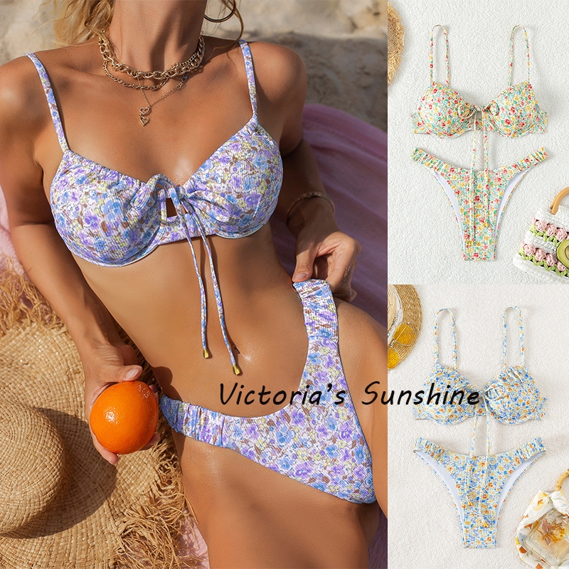 Victoria's Sunshineชุดว่ายน้ำ มีโครง บิกินี่ทูพีช ดันทรง ผูก ลายดอกไม้ bikini set#0395