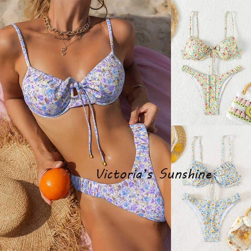 Victoria's Sunshineชุดว่ายน้ำ มีโครง บิกินี่ทูพีช ดันทรง ผูก ลายดอกไม้ bikini set#0395