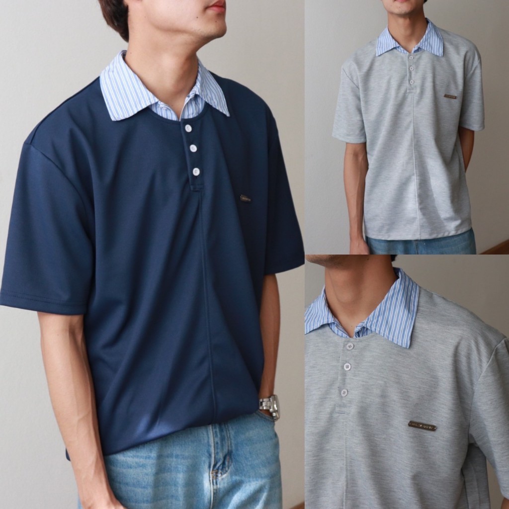 IBB MARCO POLO SHIRTS เสื้อยืดคอกลมแต่งคอปกลายทางเป็นเลเยอร์ด้านใน