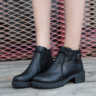 รองเท้า สำหรับผู้หญิง รองเท้าบูทสตรีส้นแบนนิ้วเท้ากลมใหม่ หั…