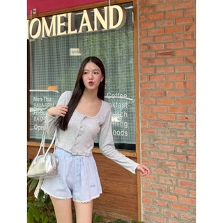 AceyAceyกางเกงขาสั้นกระดุมขอบลูกไม้ปักชายผ้าบาง