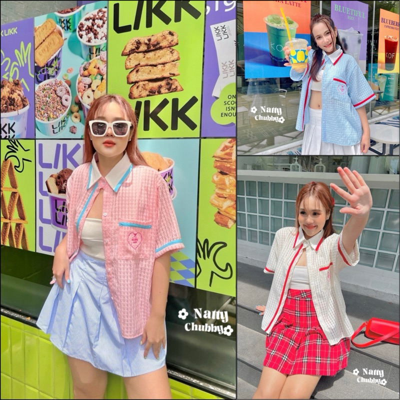 (Shopee video ลด50%) พร้อมส่ง เสื้อเชิ้ต ปักกระเป๋าหัวใจ แต่งแถบริบบิ้นตัดสี