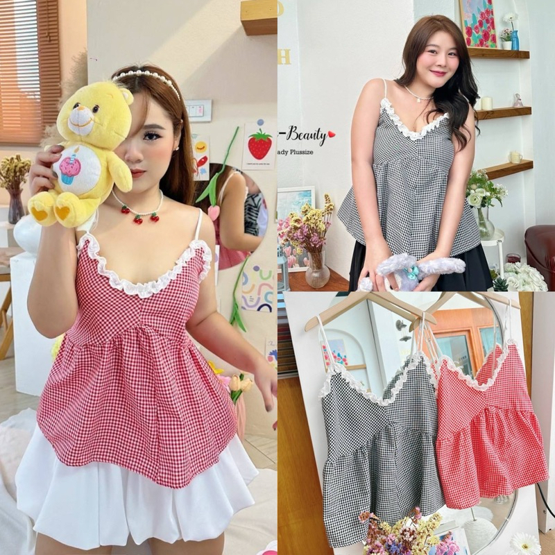สายเดี่ยวลายสก็อต สายเดี่ยวสาวอวบ อก38-48นิ้ว Freesize