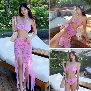 ชุดว่ายน้ำผู้หญิง ชุดว่ายน้ำกระโปรง 3ชิ้น โชว์หลัง สไตล์เซ็กซี่ รุ่นใหม่ เอวสูง ผูกคอ#长裙
