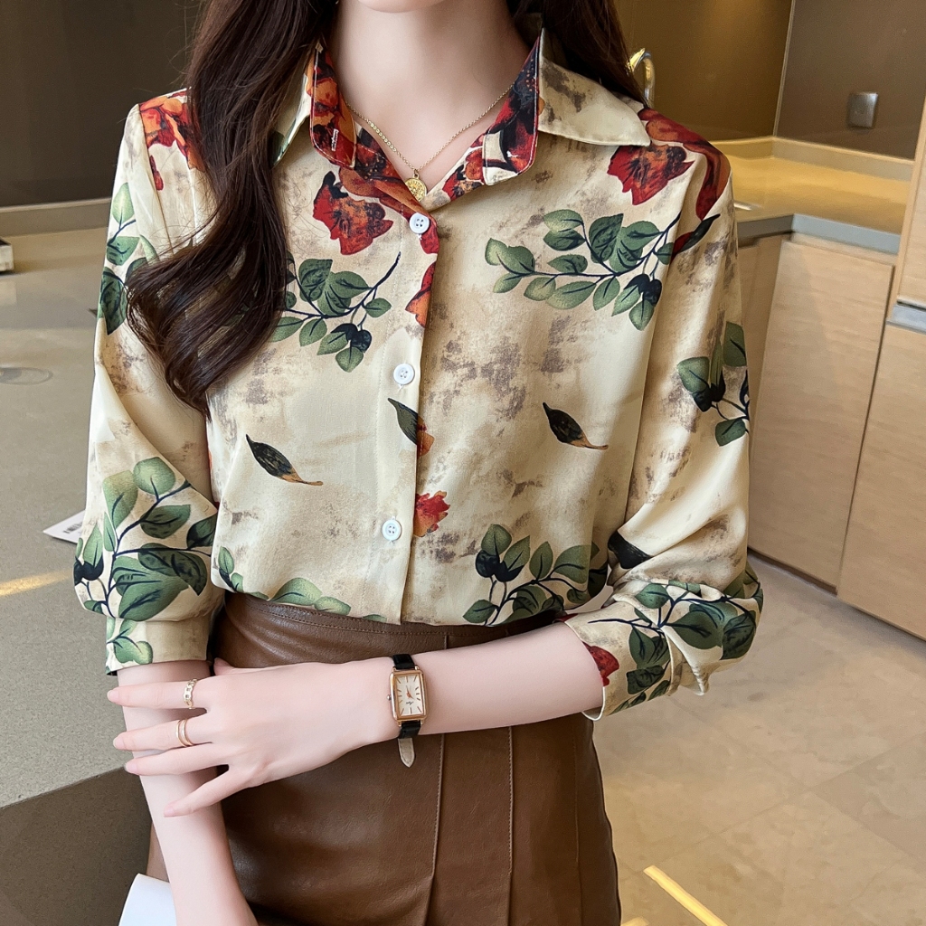 W452 มาใหม่ เสื้อชีฟอง พิมพ์ลาย สีน้ำตาลย้อนยุค คอปก แขนยาว เสื้อผ้าผู้หญิง ทรงหลวม พลัสไซส์ เสื้อผ้า มุสลิม