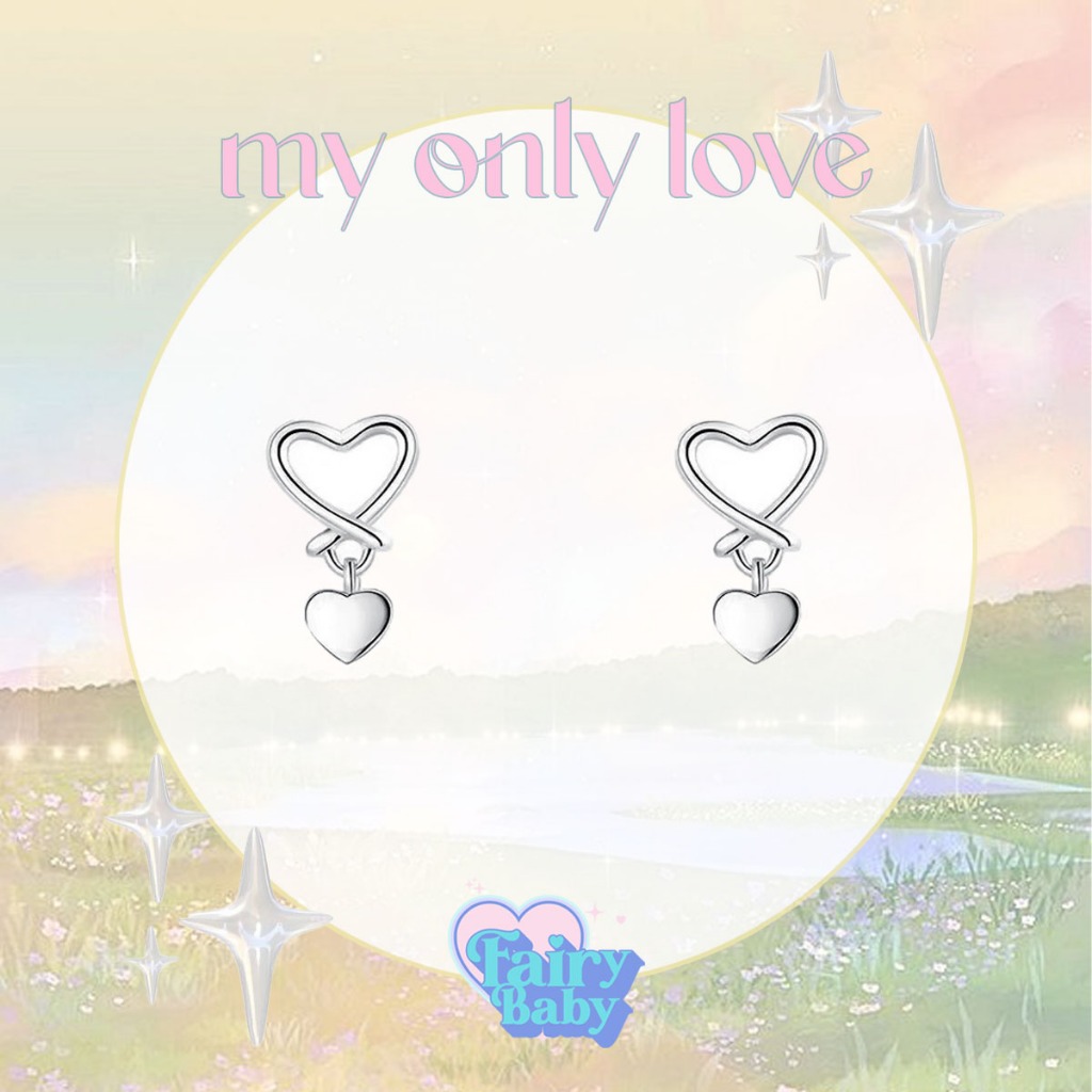 Fairybaby ต่างหู My Only Love ต่างหู ตุ้มหู รูปหัวใจ ลายเส้นโค้งสวยงาม รูปหัวใจ ห้อยตุ้งติ้งด้วยหัวใจดวงเล็ก สีเงิน ขนาด