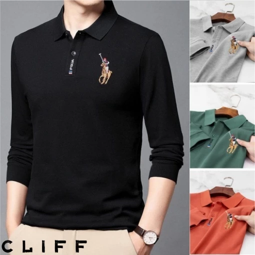 CLIFF -COD✅เสื้อโปโลผู้ชาย ลำลอง แบบหลวม เย็บปักถักร้อย เรียบง่าย เข้ารูป คอปกแขนยาว