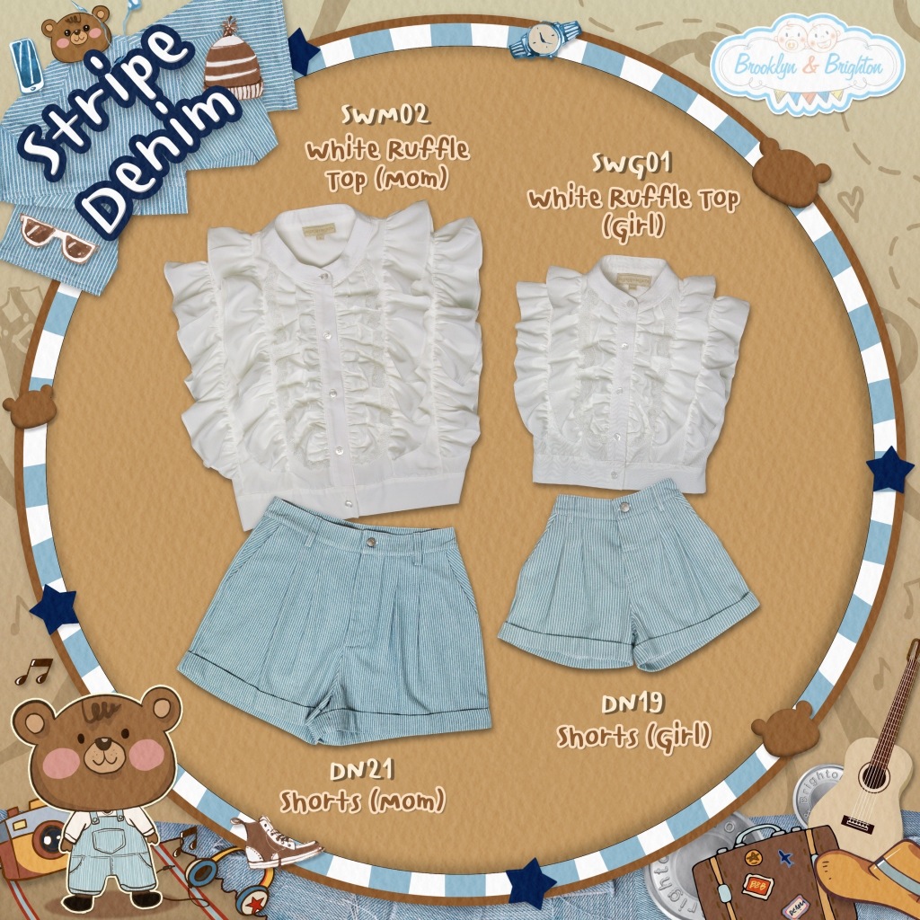Brooklyn & Brighton - White Ruffle Top & Stripe Denim Shorts (Mom+Girl)