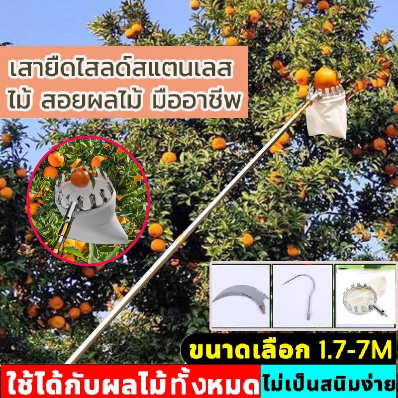 【1.7-7M】ไม้สอยผลไม้ สแตนเลสยืดไสลด์ ไม่ทําร้ายผลไม้/มีถุงเก็บของ ตะกร้อสอยผลไม้ คนเก็บผลไม้ขั้วยาว