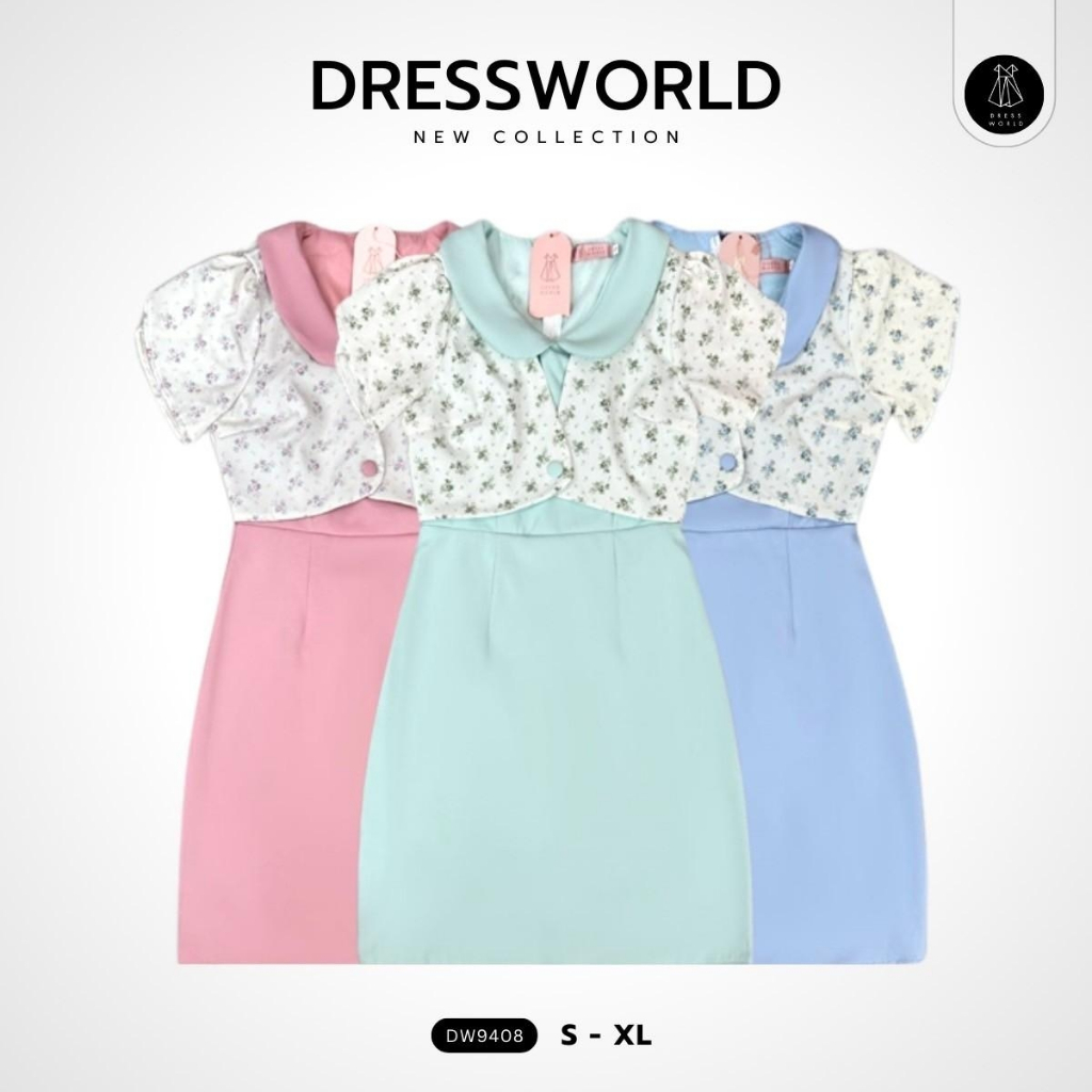 {S-XL} 9408 งานป้าย Dress World เดรสสั้นคอปก ช่วงบนลายดอก แต่งกระดุมหัวใจ น่ารัก ต้องมีติดไว้น๊าา