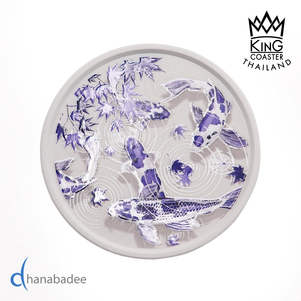 จานรองแก้วดูดน้ำ ทรงกลมมีขอบ R10079 FISH-04 ที่รองแก้วซับน้ำ King Coaster  ธนบดีเซรามิค ceramic coaster ของฝาก