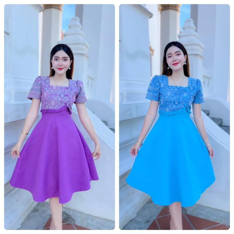 เดรสผ้าฝ้ายคอบัว เดรสผ้าไทย ชุดผ้าไทย ลายไทย ลายขอ ชุดสีม่วง เดรสสีม่วง