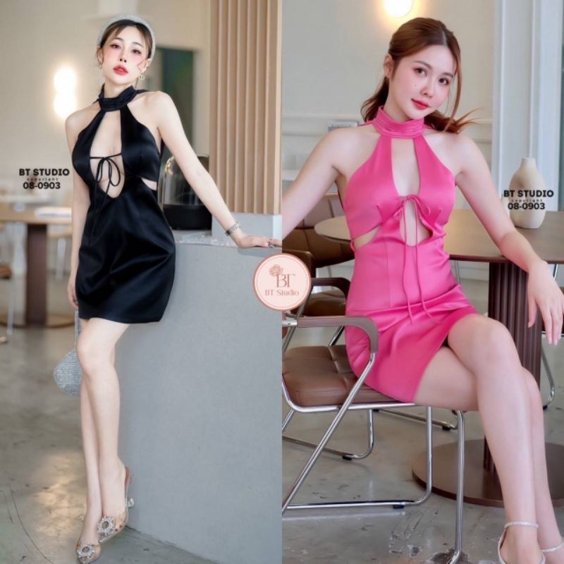 BT เดรสสั้นปิดคอเว้าตรงกลางแต่งโบผูกตรงกลางเว้าด้านข้างทั้งสองข้าง