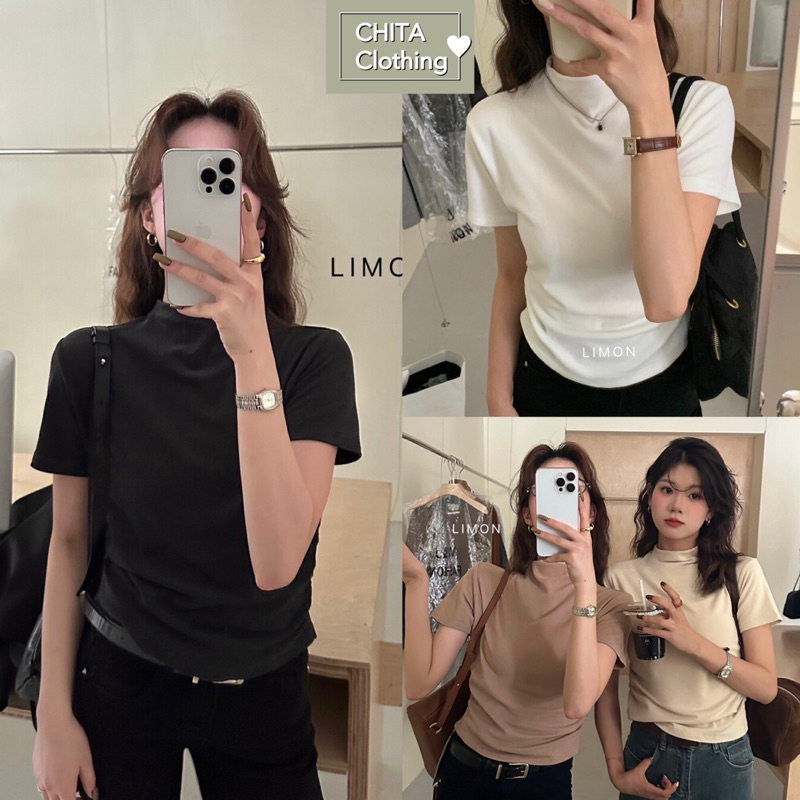 📍พร้อมส่ง ขาว📍6682 เสื้อคอตั้ง แขนสั้น โทนสีพื้น จีบช่วงเอว เนื้อหนา นิ่ม TAG  THE LEMON   🇰🇷🇰🇷