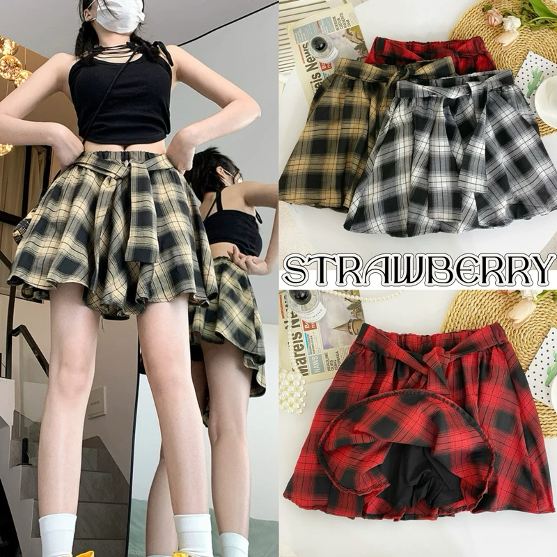 STRพร้อมส่ง กระโปรงสั้นแฟชั่นผู้หญิง ทรงเอ เอวสูง ลายทางสก๊อตเอวยืด ดีไซน์เชือกผูกได้ Y2Kสไตล์ เกาหลี สาวอ้วนใส่ได้