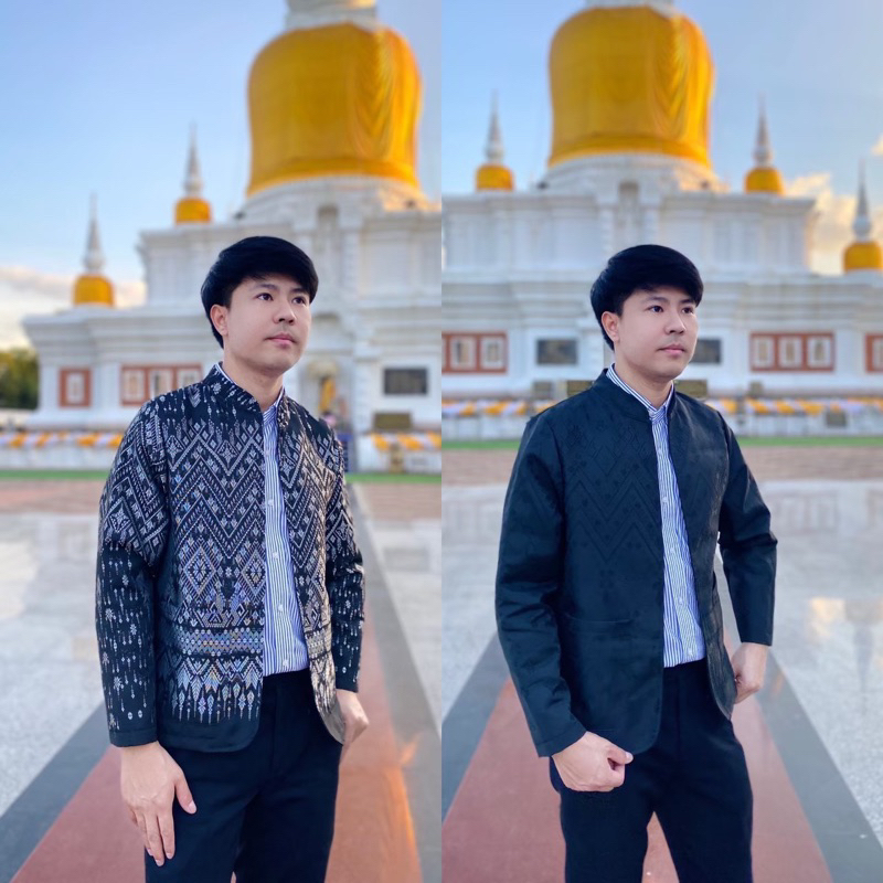 เสื้อคลุมคอจีนสีดำ : เสื้อคลุมผ้าไทย ใส่ทำงาน ทรงสวยดูดี เสื้อคลุมผู้ชาย