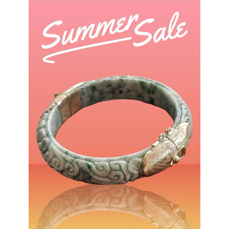 กำไลหยกแกะสลักดอกไม้ สวยมาก หุ้มเงินแท้ 925 หยกแท้ 💯% อ้าได้ กำไลหยก หยกแกะสลัก กำไลหยกหุ้มเงิน