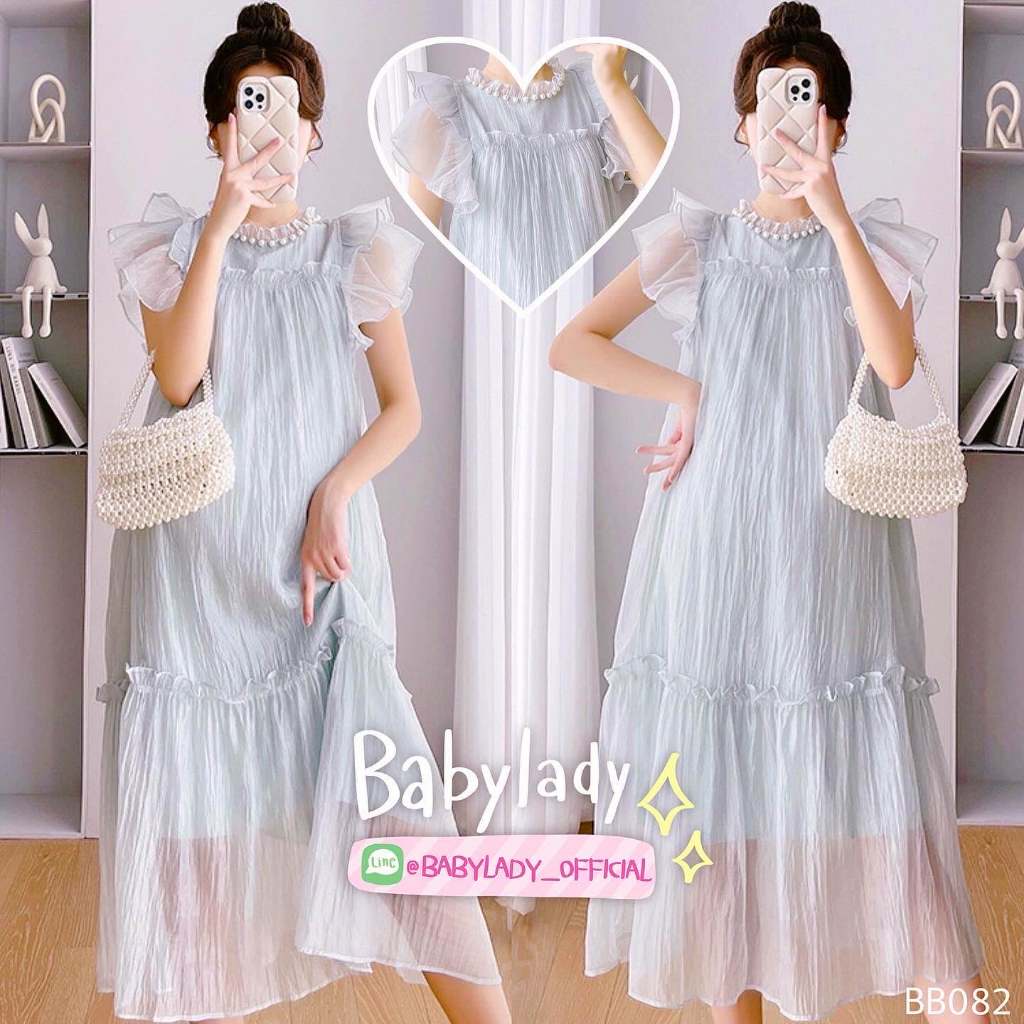 BB 082 B เขียวทีลมิ้น ชุดเดรสคลุมท้องแฟชั่นสไตล์เกาหลี เนื้อผ้าชีฟองเนื้อเงา ผ้ามีtextureนุ่มใส่สบาย สีสวยละมุน