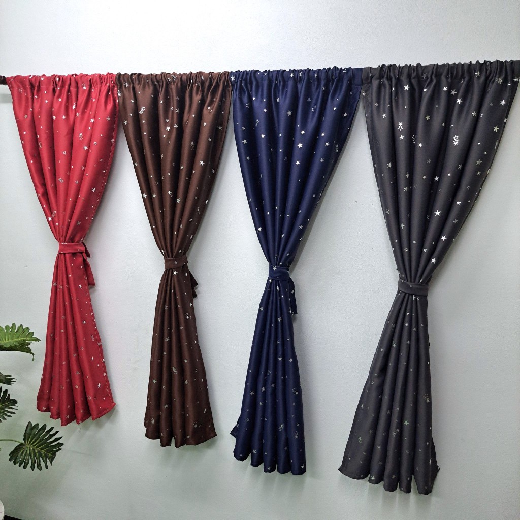 ผ้าม่านสอดลวด พิมพ์ลายดาวน้ำเงิน ผ้าหนา สำหรับใช้กับหน้าต่าง