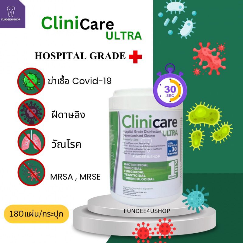 Clinicare Ultra Disinfectant 180wipe แผ่นเช็ดฆ่าเชื้อ สินค้าล้อตใหม่ exp.05/2027