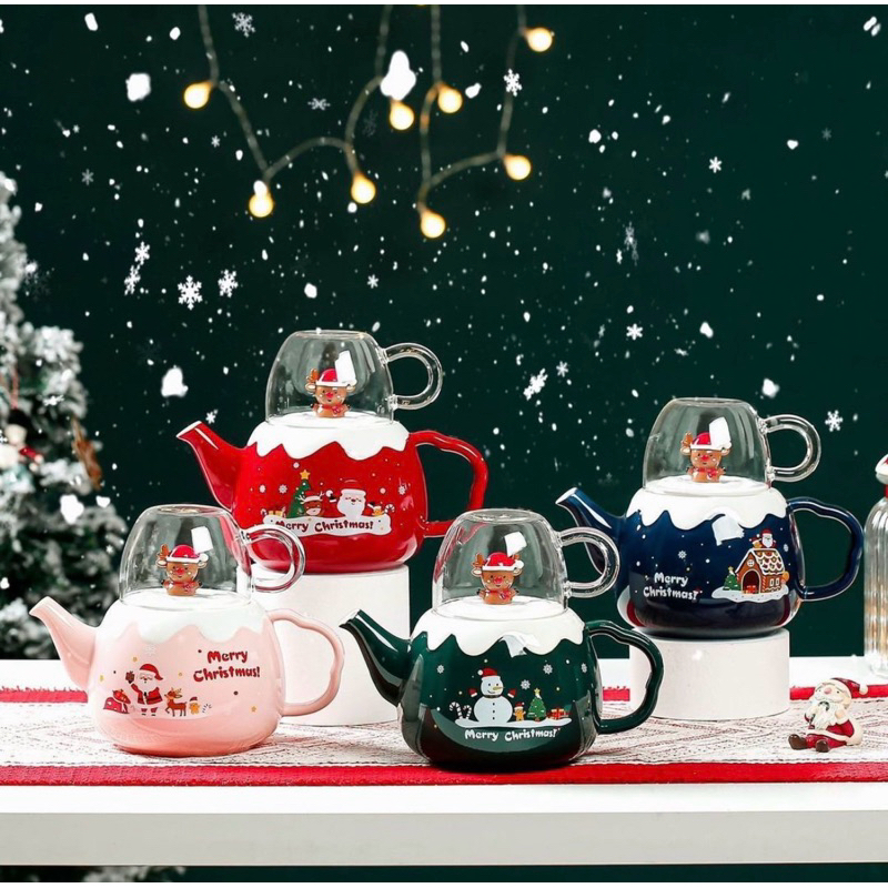 พร้อมส่ง!!! Teapot ลาย Christmas สุดคิ้วท์ พร้อมแก้ว 800ml ถ้วยน้ำชา