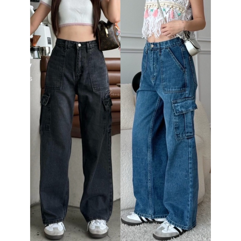 P81 กระบอกคาร์โก้ยีนส์ไม่ยืด แต่งกระเป๋าหน้า มีไซส์ S-40”